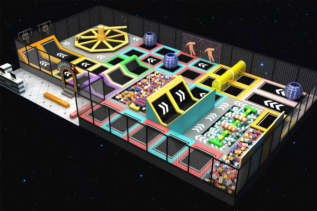 3D визуализация крытого батутного парка с батутами, поролоновыми ямами и игровыми зонами для подростков