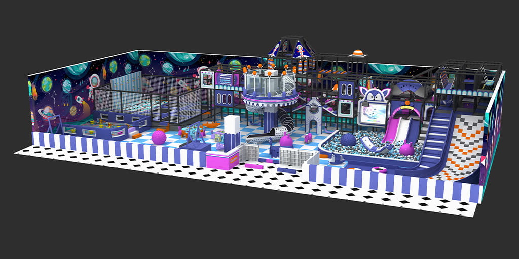 Вид сверху на космический детский игровой комплекс в помещении, космонавты и планеты на фоне